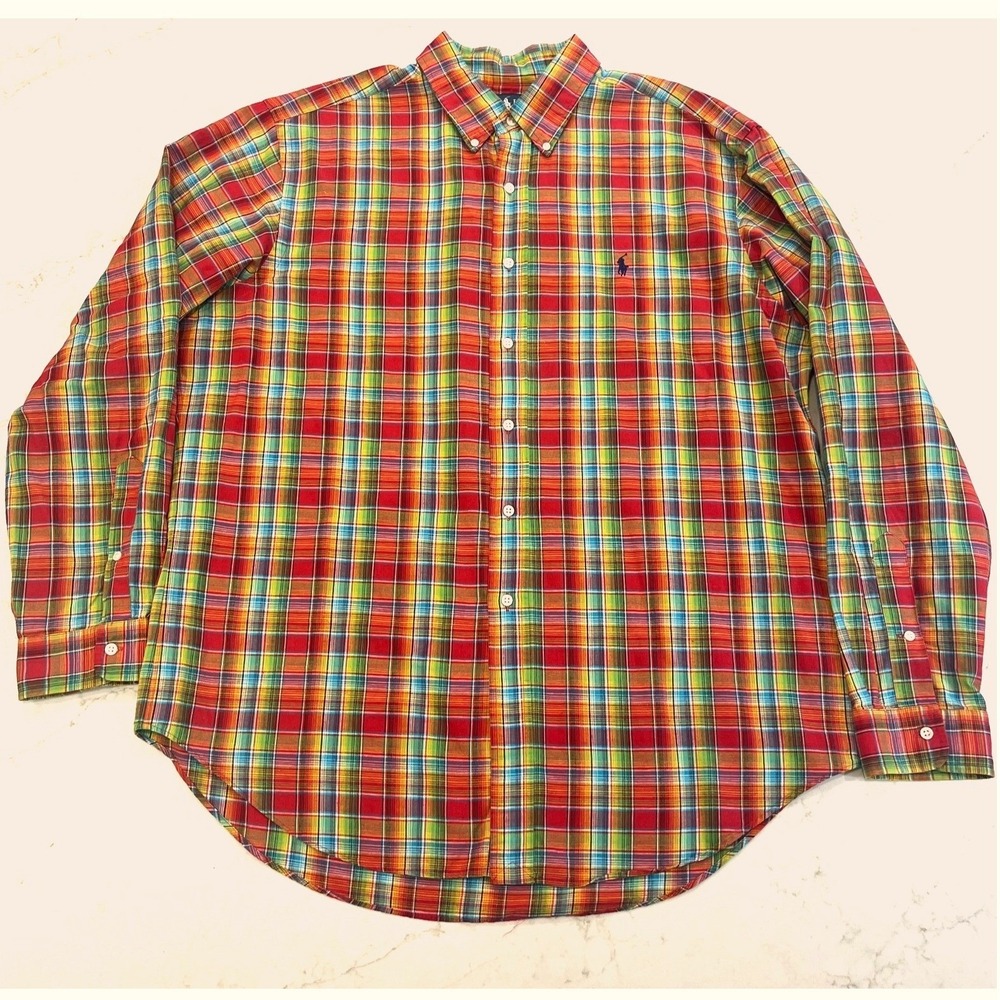 Ralph Lauren Mens XL Button Up Cotton Linen Blend Shirt Bright Colorful Plaid